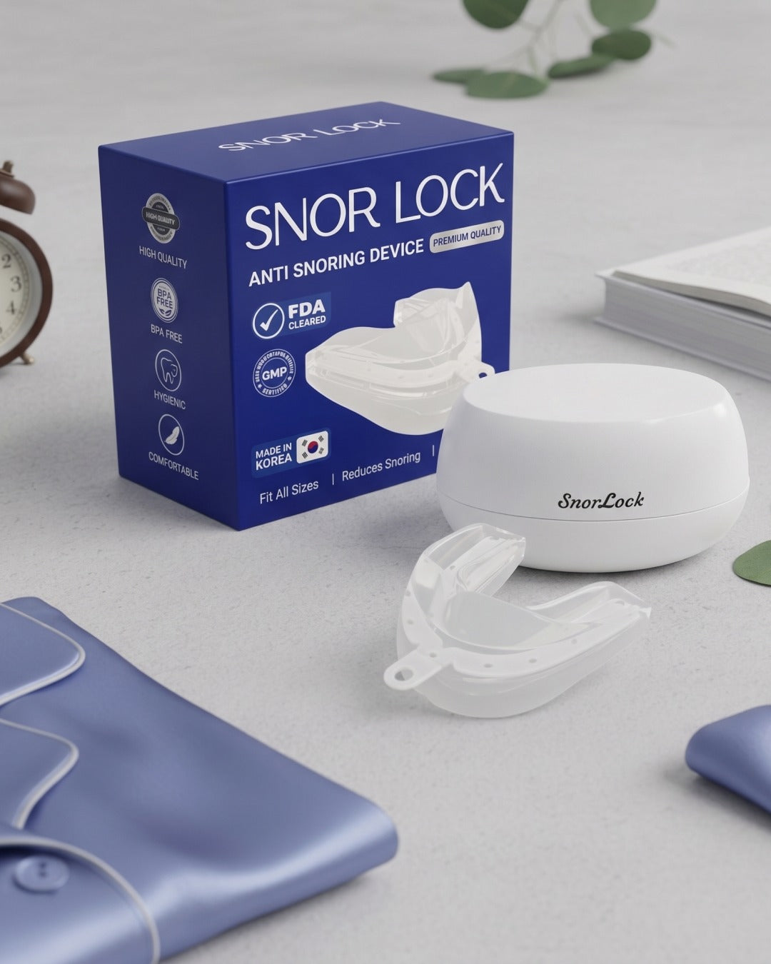 SNOR LOCK package, storage case, and mouth guard