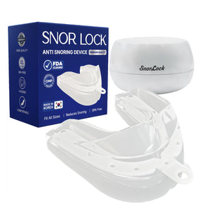 SNOR LOCK anti-snoring mouth guard with its package and storage case
