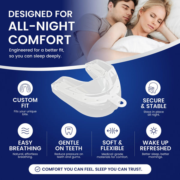 SNOR LOCK comfort features: custom fit, secure and stable, easy breathing, gentle on teeth, soft and flexible