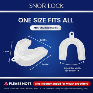 SNOR LOCK dimensions 2.24 x 2.44 x 1.30 in, one size fits all with adjustable width; not recommended for mouth breathers