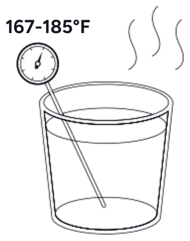 Cup of hot water with a thermometer at 167-185°F
