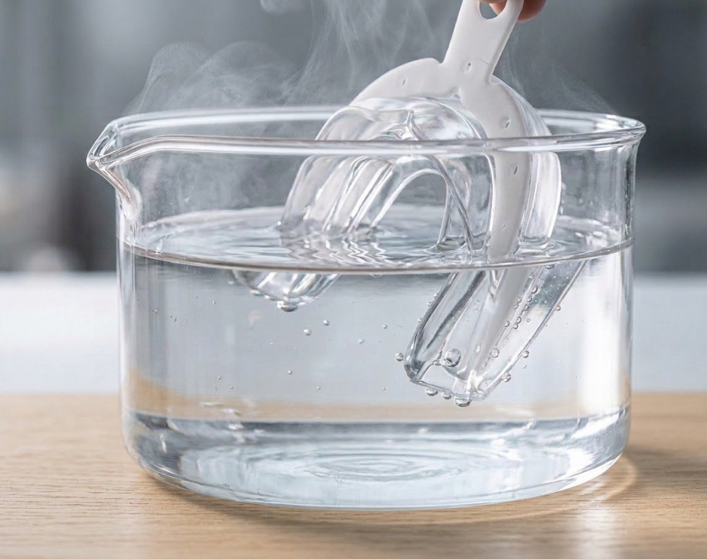 Boil-and-bite molding: soften in hot water, bite down — custom fit at home in about 5 minutes